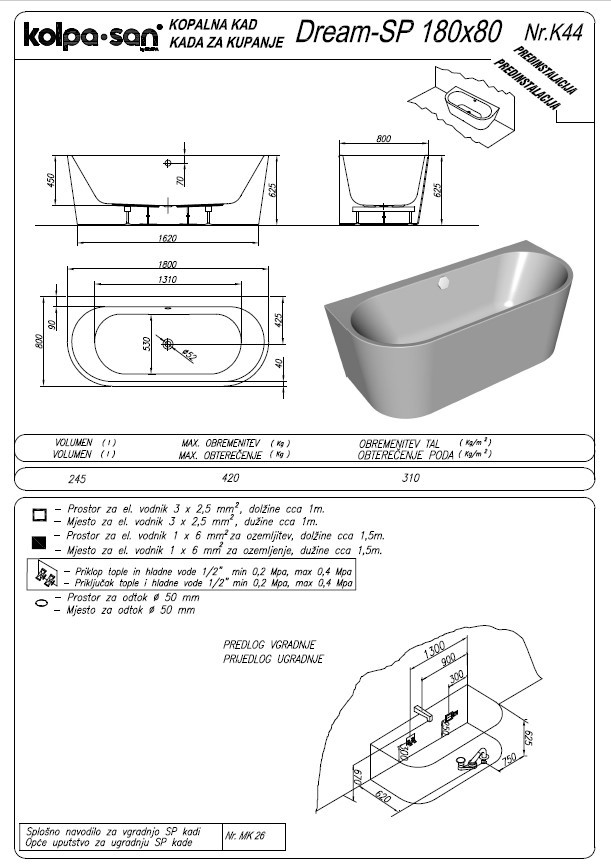 Anzotherm - Kolpa San - DREAM 180X80/MO-SP FALHOZ ÁLLÍTHATÓ FÜRDŐKÁD LEVEGŐ  MASSZÁZSRENDSZERREL, LE- ÉS TÚLFOLYÓVAL, A KÁDTEST ÉS AZ ELŐLAP EGYBEÖNTVE  - Masszázskádak - Wellness