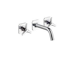 Hansgrohe - Axor Citterio M 3 lyukú mosdócsaptelep falsík alatti szereléshez, 166 mm-es kifolyóval, csillagalakú fogantyúkkal és rozettákkal fali szereléshez