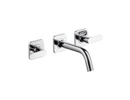 Hansgrohe - Axor Citterio M 3 lyukú mosdócsaptelep falsík alatti szereléshez, 166 mm-es kifolyóval, emelőfogantyúkkal és rozettákkal fali szereléshez