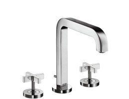 Hansgrohe - Axor Citterio 3 lyukú mosdócsaptelep húzórudas lefolyógarnitúrával és 205 mm-es kifolyóval, keresztfogantyúkkal és rozettákkal